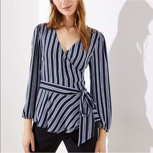 LOFT Striped Wrap Around Blouse Size XSP Blue and White NWT